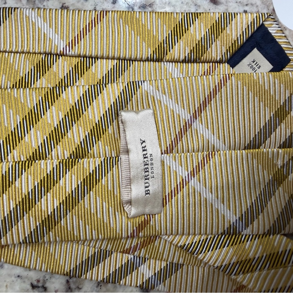 Burberry Yellow Plaid Silk Tie with White and Olive Accents - Picture 2 of 2